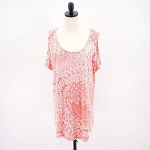 JM Collection XL Floral Highlighter Orange / Red Cold Shoulder Scoop Neck ‎ Top